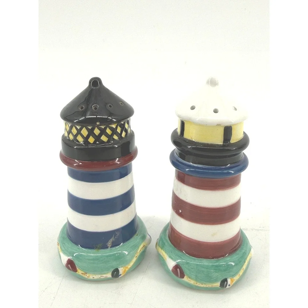 Lighthouse Salt and Pepper Shakers Nautical Multicolor Ceramic Set Coastal